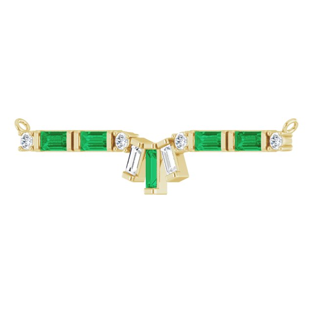14K Gold Straight Baguette Natural Emerald & Natural Diamond Baguette Bar Necklace - Yellow Gold - view 2