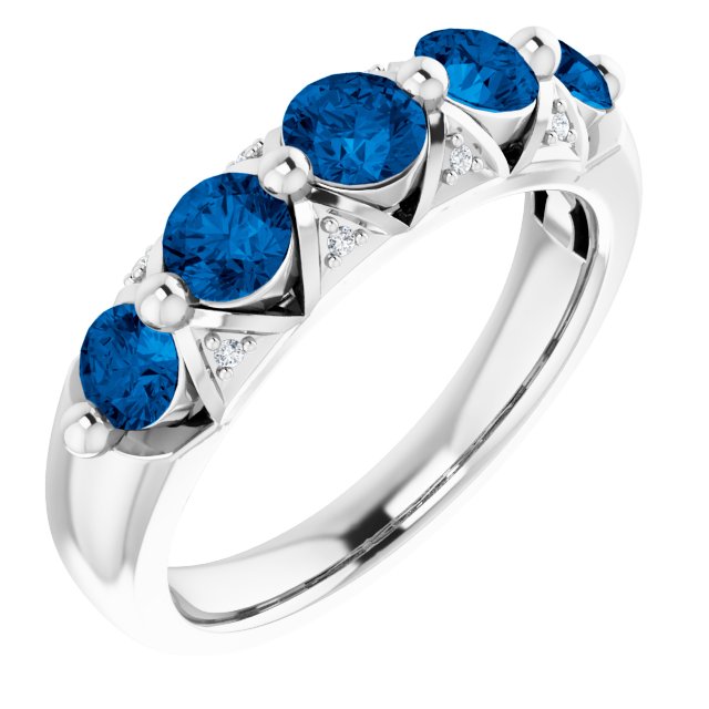 14K Gold Round Natural Ceylon Blue Sapphire & Natural Diamond Five-Stone Ring