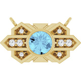 14K Gold Round Natural Aquamarine & Natural Diamond Art Deco Necklace - Yellow Gold