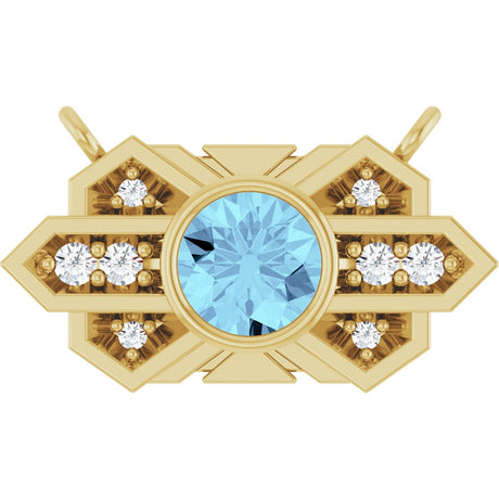 14K Gold Round Natural Aquamarine & Natural Diamond Art Deco Necklace - Yellow Gold