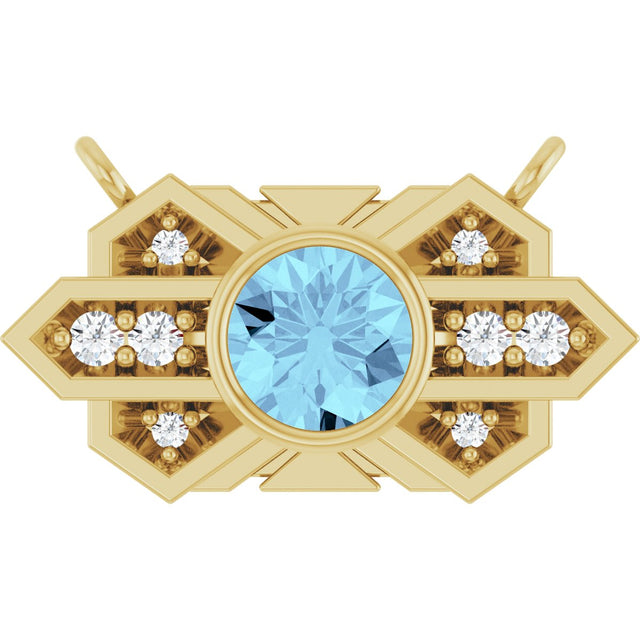 14K Gold Round Natural Aquamarine & Natural Diamond Art Deco Necklace - Yellow Gold