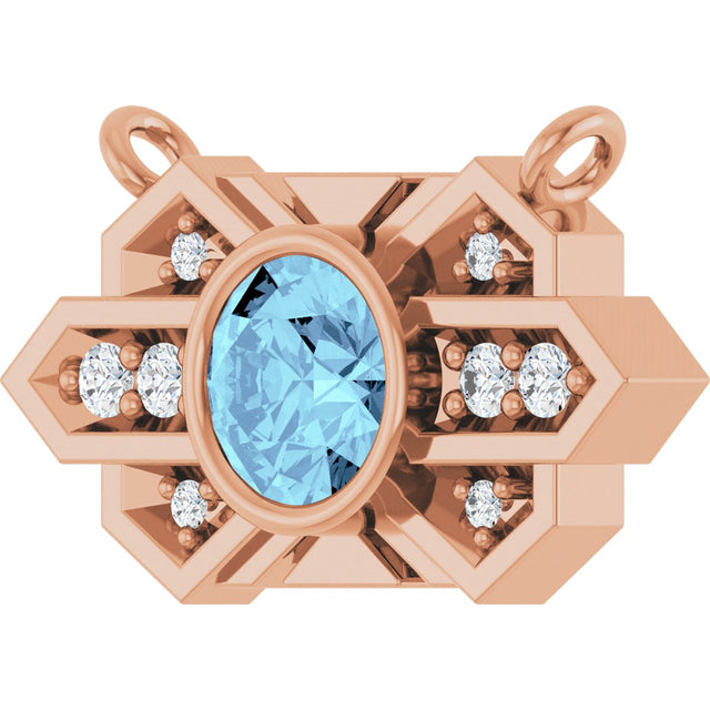 14K Gold Round Natural Aquamarine & Natural Diamond Art Deco Necklace - Rose Gold - view 2