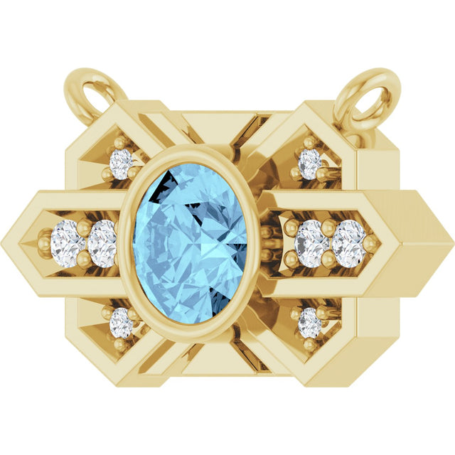 14K Gold Round Natural Aquamarine & Natural Diamond Art Deco Necklace - Yellow Gold - view 2