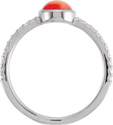 Platinum Oval Natural Pink Coral & Natural Diamond Accented Cabochon Ring - view 2