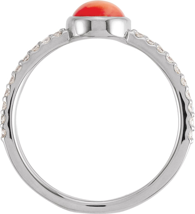 Platinum Oval Natural Pink Coral & Natural Diamond Accented Cabochon Ring - view 2