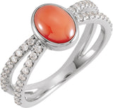 Platinum Oval Natural Pink Coral & Natural Diamond Accented Cabochon Ring