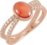 14K Gold Oval Natural Pink Coral & Natural Diamond Accented Cabochon Ring - Rose Gold