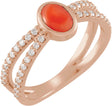 14K Gold Oval Natural Pink Coral & Natural Diamond Accented Cabochon Ring - Rose Gold