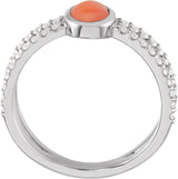 Platinum Oval Natural Pink Coral & Natural Diamond Accented Cabochon Ring - view 2