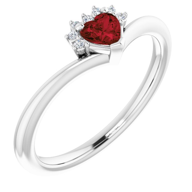 14K Gold Natural Mozambique Garnet & Natural Diamond Accented Heart Ring - White Gold