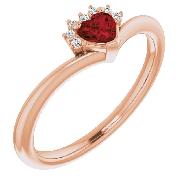14K Gold Natural Mozambique Garnet & Natural Diamond Accented Heart Ring - Rose Gold