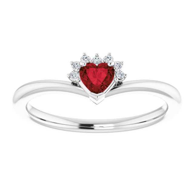 14K Gold Natural Mozambique Garnet & Natural Diamond Accented Heart Ring - White Gold - view 3