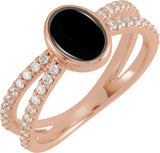 14K Gold Oval Natural Black Onyx & Natural Diamond Accented Cabochon Ring – 7x5mm - Rose Gold