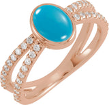 14K Gold Oval Natural Turquoise & Natural Diamond Accented Cabochon Ring – 8x6mm - Rose Gold