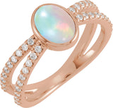 14K Gold Oval Natural Ethiopian Opal & Natural Diamond Accented Cabochon Ring - Rose Gold