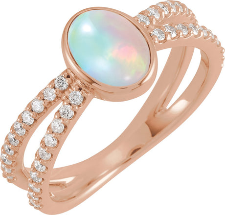 14K Gold Oval Natural Ethiopian Opal & Natural Diamond Accented Cabochon Ring - Rose Gold