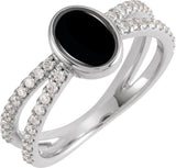 14K Gold Oval Natural Black Onyx & Natural Diamond Accented Cabochon Ring – 7x5mm - White Gold