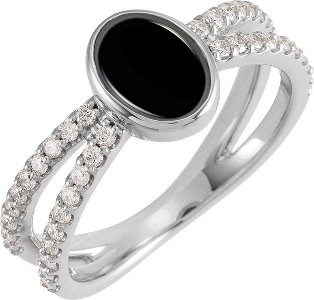 14K Gold Oval Natural Black Onyx & Natural Diamond Accented Cabochon Ring – 7x5mm - White Gold