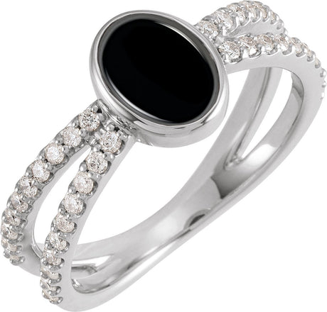 Platinum Oval Natural Black Onyx & Natural Diamond Accented Cabochon Ring – 8x6mm