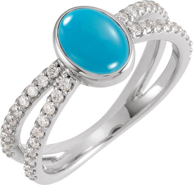 14K Gold Oval Natural Turquoise & Natural Diamond Accented Cabochon Ring – 8x6mm - White Gold