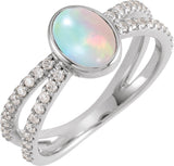 14K Gold Oval Natural Ethiopian Opal & Natural Diamond Accented Cabochon Ring - White Gold