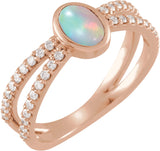 14K Gold Oval Natural Ethiopian Opal & Natural Diamond Accented Cabochon Ring - Rose Gold