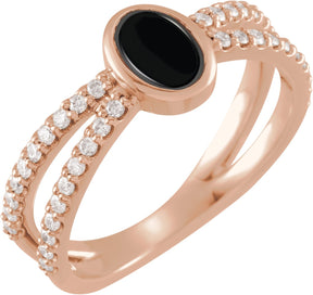 14K Gold Oval Natural Black Onyx & Natural Diamond Accented Cabochon Ring – 7x5mm - Rose Gold