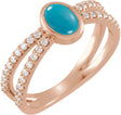 14K Gold Oval Natural Turquoise & Natural Diamond Accented Cabochon Ring – 8x6mm - Rose Gold