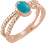 14K Gold Oval Natural Turquoise & Natural Diamond Accented Cabochon Ring – 8x6mm - Rose Gold