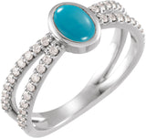 14K Gold Oval Natural Turquoise & Natural Diamond Accented Cabochon Ring – 8x6mm - White Gold
