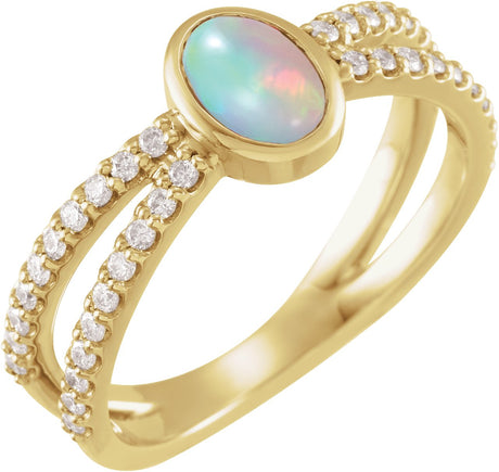 14K Gold Oval Natural Ethiopian Opal & Natural Diamond Accented Cabochon Ring - Yellow Gold
