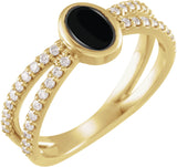 14K Gold Oval Natural Black Onyx & Natural Diamond Accented Cabochon Ring – 7x5mm - Yellow Gold