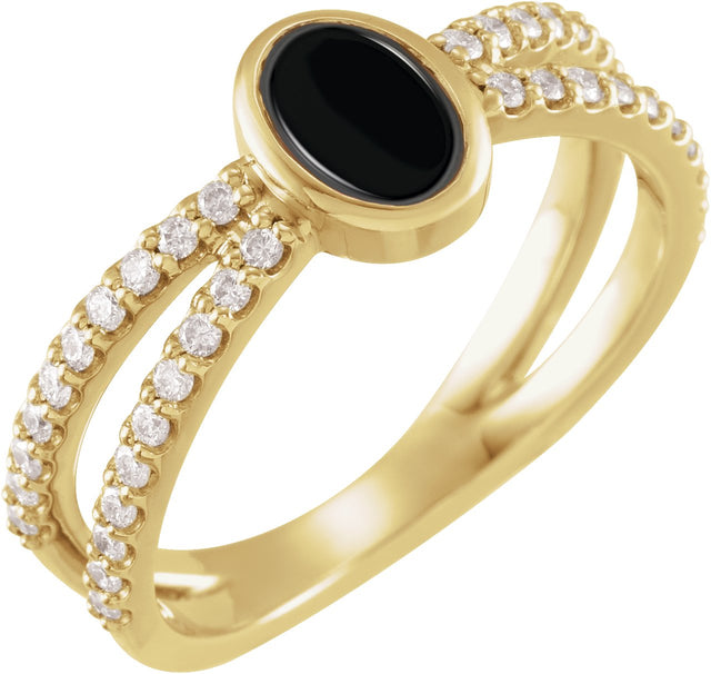 14K Gold Oval Natural Black Onyx & Natural Diamond Accented Cabochon Ring – 7x5mm - Yellow Gold