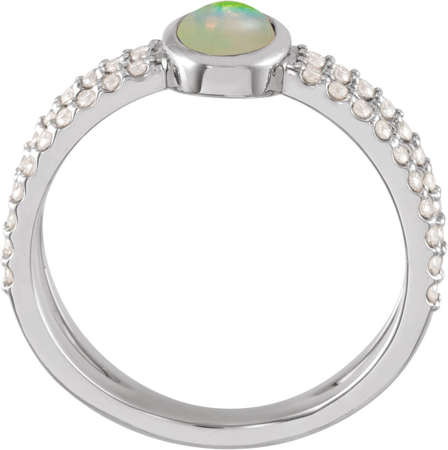 14K Gold Oval Natural Ethiopian Opal & Natural Diamond Accented Cabochon Ring - White Gold - view 2