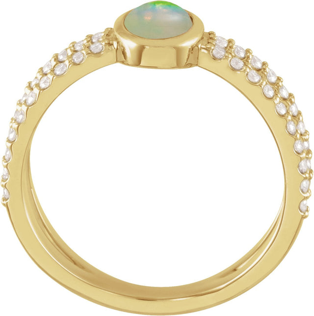 14K Gold Oval Natural Ethiopian Opal & Natural Diamond Accented Cabochon Ring - Yellow Gold - view 2