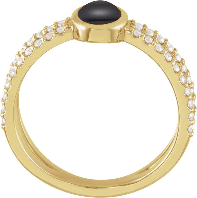 14K Gold Oval Natural Black Onyx & Natural Diamond Accented Cabochon Ring – 7x5mm - Yellow Gold - view 2