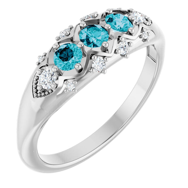 Platinum Round Natural London Blue Topaz & Natural Diamond Accented Three-Stone Ring