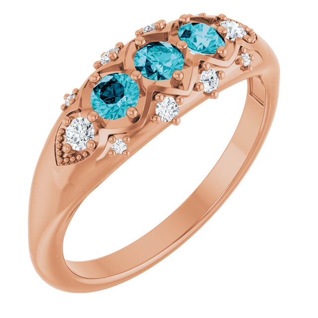14K Gold Round Natural London Blue Topaz & Natural Diamond Accented Three-Stone Ring - Rose Gold