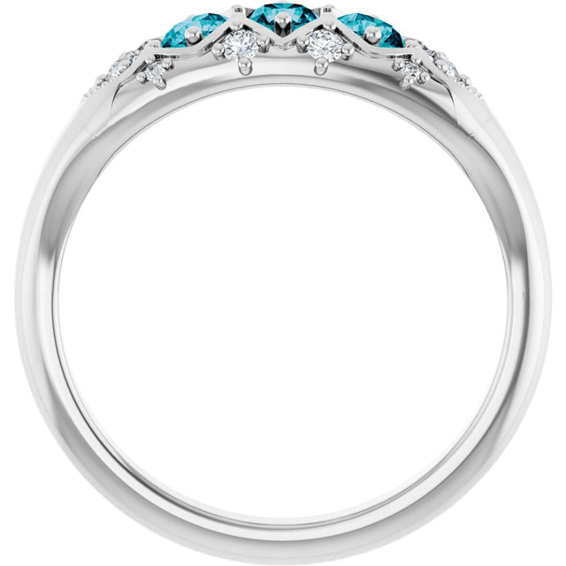 14K Gold Round Natural London Blue Topaz & Natural Diamond Accented Three-Stone Ring - White Gold - view 2