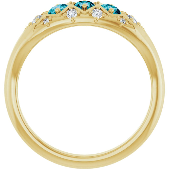 14K Gold Round Natural London Blue Topaz & Natural Diamond Accented Three-Stone Ring - Yellow Gold - view 2