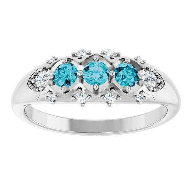 14K Gold Round Natural London Blue Topaz & Natural Diamond Accented Three-Stone Ring - White Gold - view 3