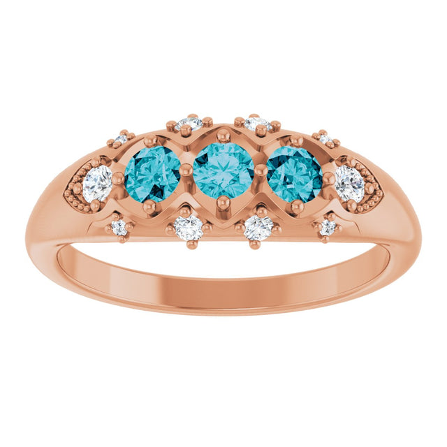 14K Gold Round Natural London Blue Topaz & Natural Diamond Accented Three-Stone Ring - Rose Gold - view 3
