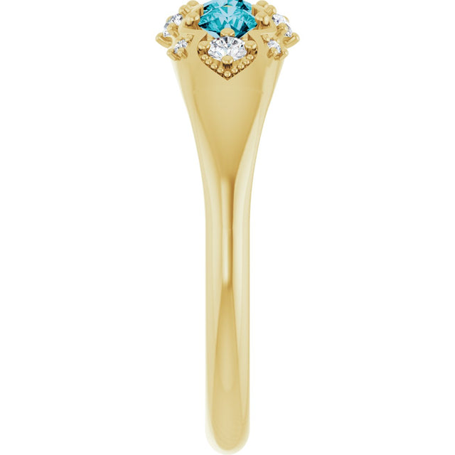14K Gold Round Natural London Blue Topaz & Natural Diamond Accented Three-Stone Ring - Yellow Gold - view 4