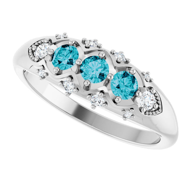 14K Gold Round Natural London Blue Topaz & Natural Diamond Accented Three-Stone Ring - White Gold - view 5