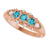 14K Gold Round Natural London Blue Topaz & Natural Diamond Accented Three-Stone Ring - Rose Gold - view 5