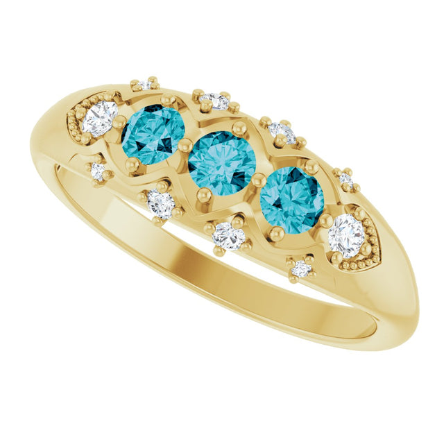 14K Gold Round Natural London Blue Topaz & Natural Diamond Accented Three-Stone Ring - Yellow Gold - view 5