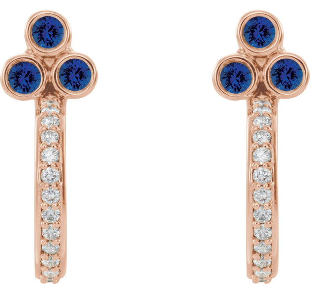 14K Gold Round Natural Blue Sapphire Accented Bezel-Set J-Hoop Earrings - Rose Gold - view 4