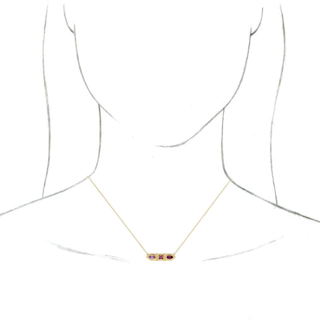 14K Gold Natural Pink Multi-Gemstone Geometric Bar Necklace - Yellow Gold - view 3