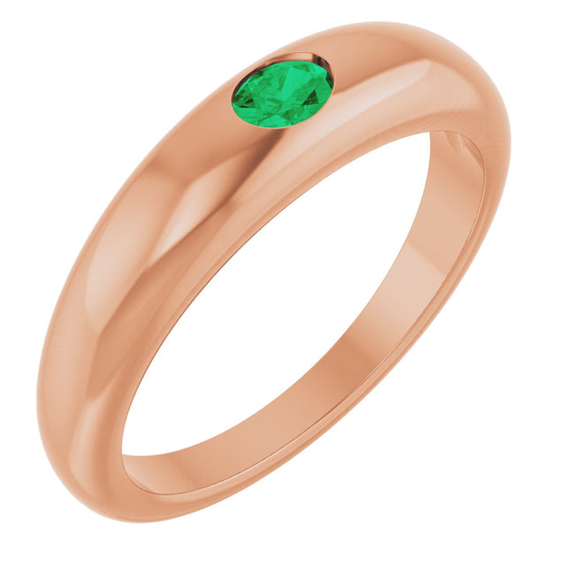 14K Gold Oval Natural Emerald Petite Dome Ring - Rose Gold