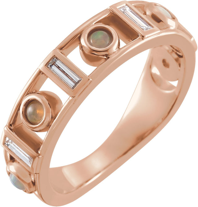 14K Gold Round Natural White Opal & Natural Diamond Accented Bezel-Set Cabochon Ring - Rose Gold